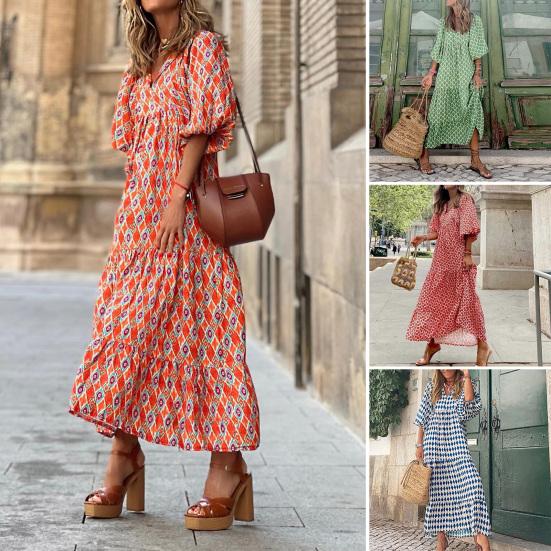 Women Dress Geometric Print Large Hem Autumn Bohemian Ruffles Long Dress for Beach