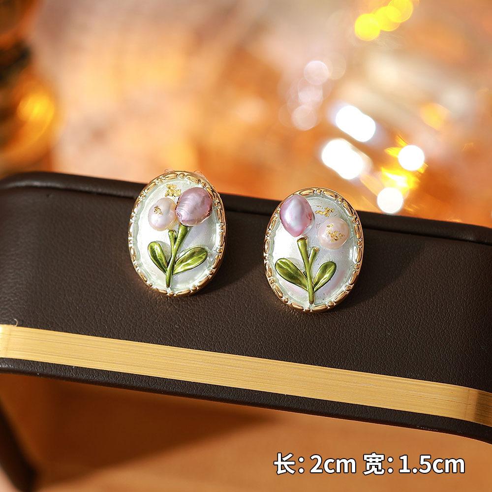 Ainibenni Original Design Enamel Painted Earrings for Women, Monet Garden Oil Painting Style Stud Earrings
