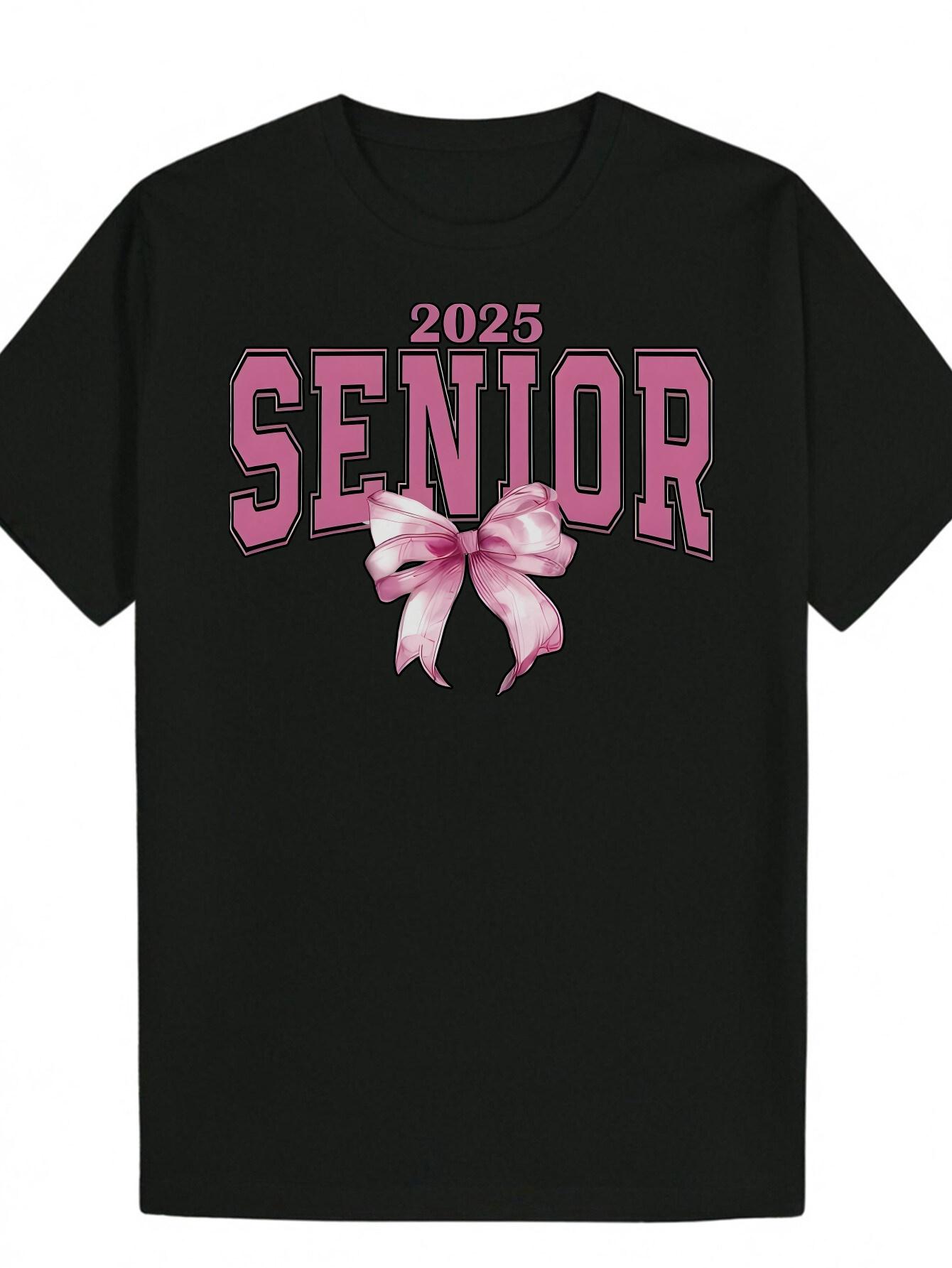 Black 2025 Senior Graphic T-shirt - Casual Summer Round Neck Polyester Tee with Pink Lettering & Bow Design XXL