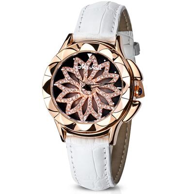 RORIOS Quartz Watch with Analog and Cute Leather White Women's Display, Waterproof, Diamond-Inspired Design, 360-Degree Rotation, Strap,