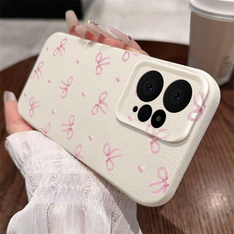 Bowknot Print Slim TPU Soft Leather Texture Case For Xiaomi 13T Pro Poco X6 Redmi Note 14 13 Pro 12 11 Matte Shockproof Lens Protection Phone Cover