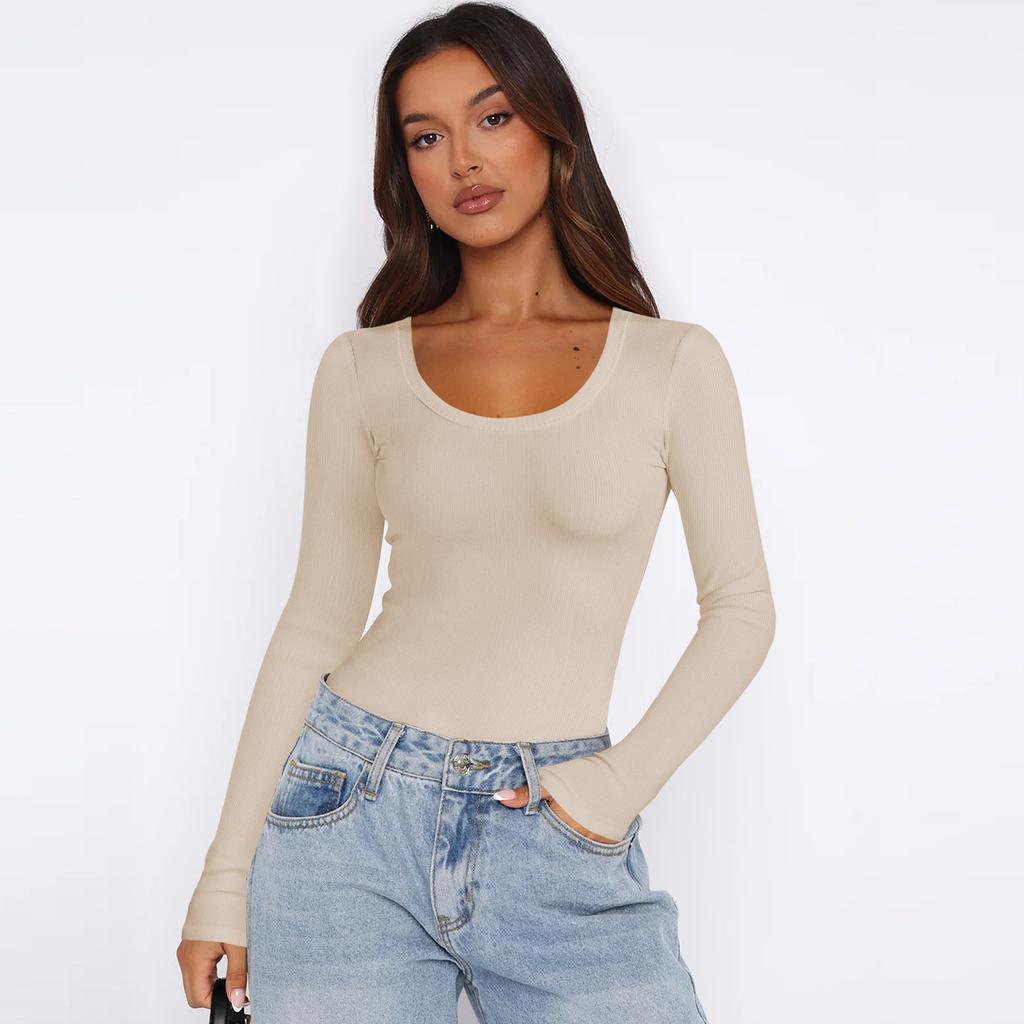 Solid Color Threaded U Neck Bottom Shirt Y2K Clothes Women's Long Sleeves Slim Shirt Women Positive Shoulder Tops