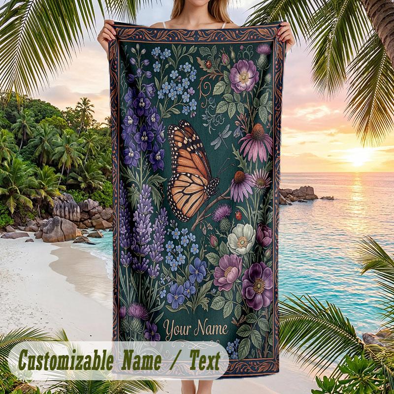 Butterfly Flowers Garden Theme Quick Dry Beach Towel Custom Name Text Print Large Sand Resistant Towel Beach Vacation