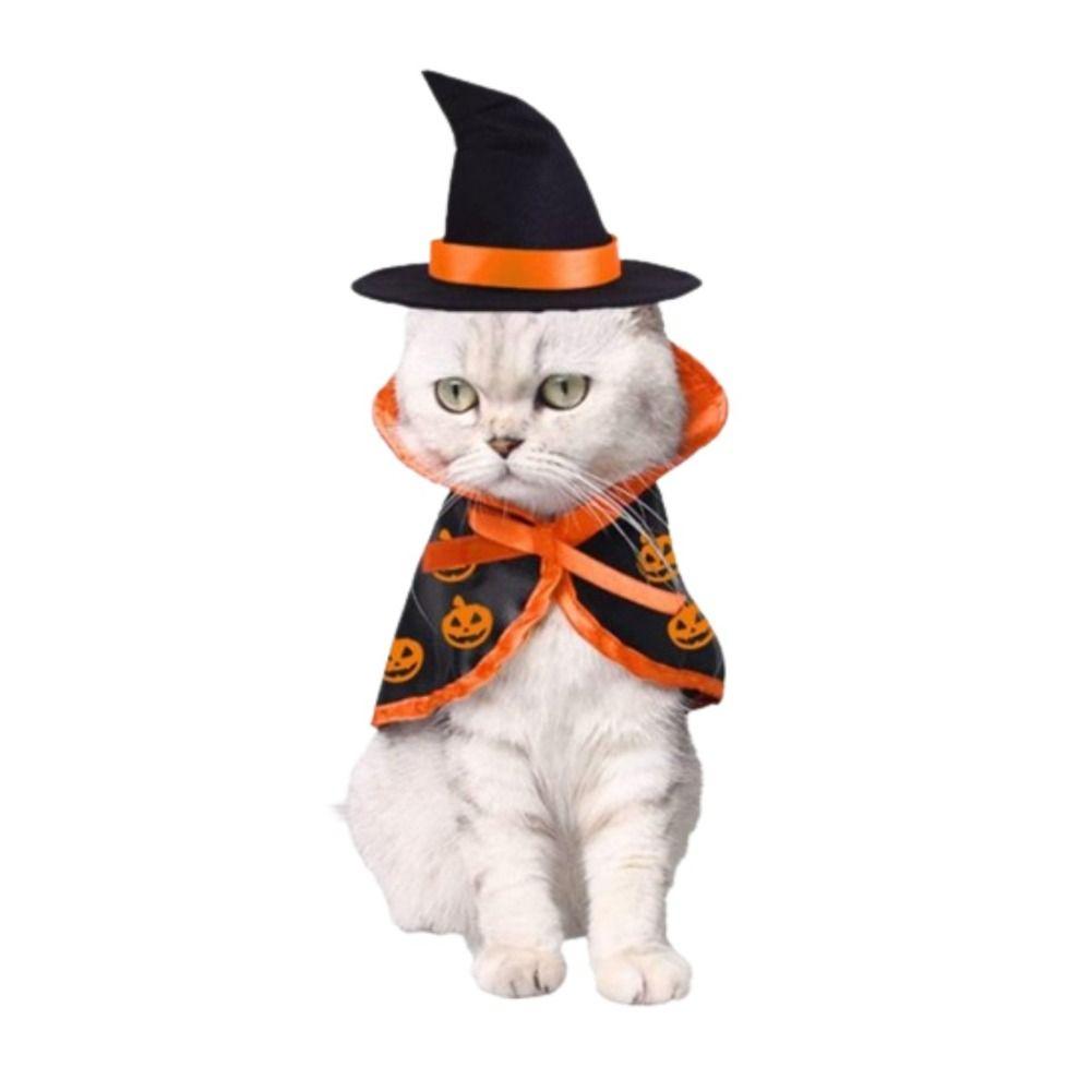 Pumpkin Pattern Halloween Cat Cloak Adjustable Bat Cat Halloween Costume Creative Breathable Pet Cosplay Costume Set Home Decor