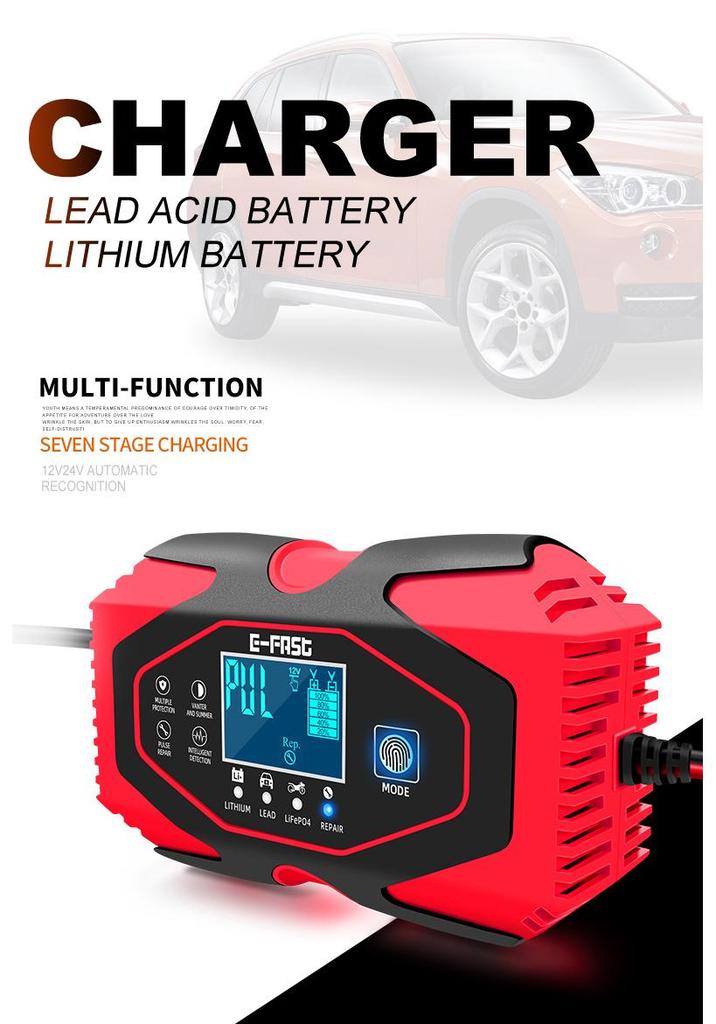 E-FAST 12V/24V Dual Voltage Smart Car & Motorcycle Battery Charger with Screen Display