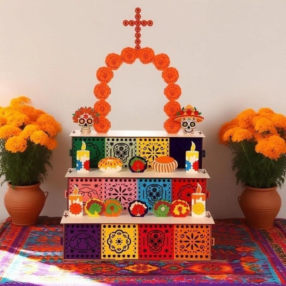 Wooden Day of Dead Ofrenda Box Skulls Candles Ornaments Mexican Fiesta Party Decor DIY Home Kitchen Decor