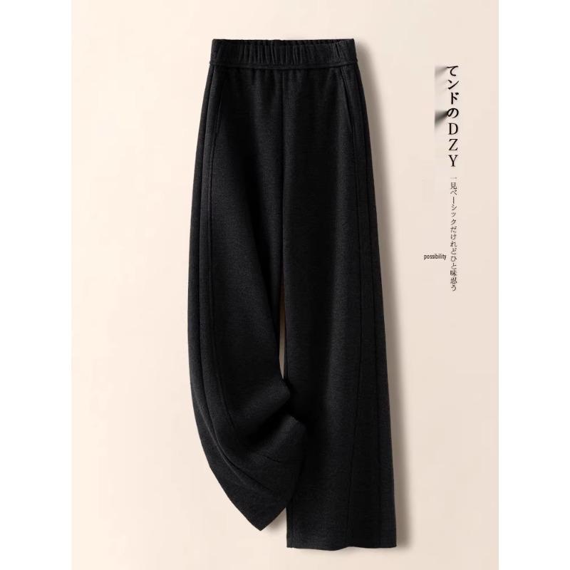 Women's Fleece-Lined Grey Cashmere Wide-Leg Pants: Autumn/Winter 2024 Trendy Wool Blend Style.