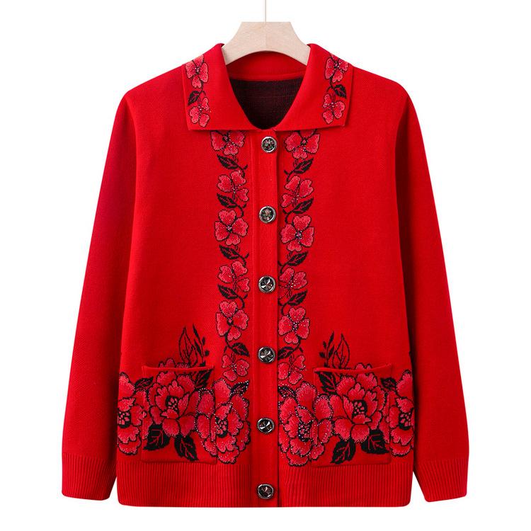 Mom Autumn Sweater Coat Mother-in-law Knitted Cardigan Old Lady Clothes Lapel Winter Clothes Elderly Grandma Sweater