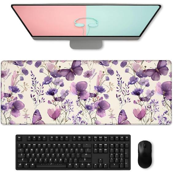 Floral & Butterfly Gaming Mouse Pad, Large Soft Purple Flower Desk Mat for Keyboard Computer Laptop, Non-Slip Rubber Base Extended Desktop Mousepad