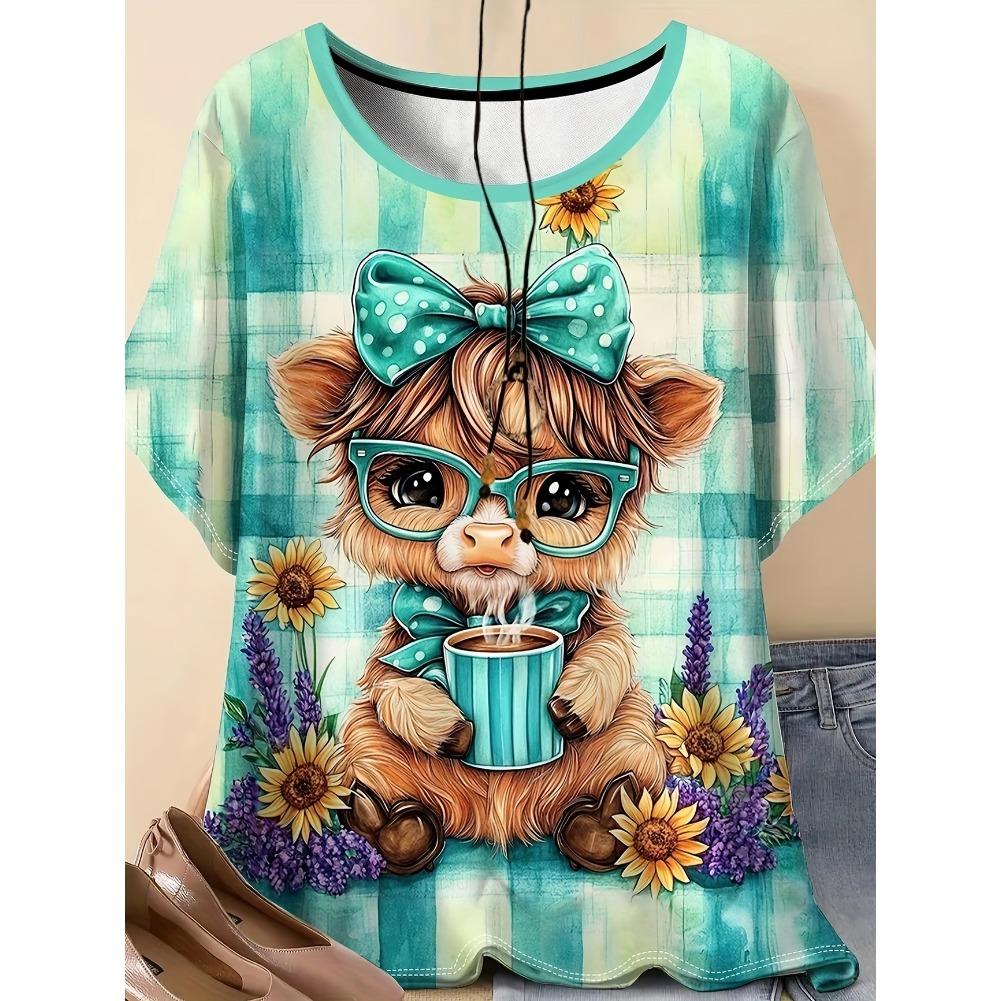 Plus Size Casual Crew Neck Short Sleeve Cartoon Animal Print T-Shirt - Soft Stretch Polyester Fabric Spring and Summer Womens Relaxed Fit Clothing