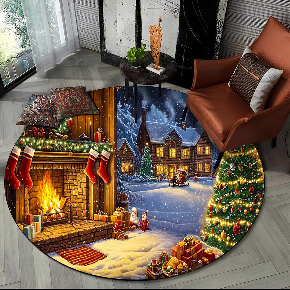 Merry Christmas Cartoon Santa Claus Snowman New Year Round Carpet Rug for Bedroom Living Room Sofa Decoration,Decor Floor Mat