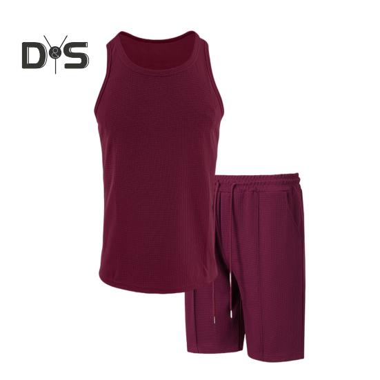 2Pcs/Set Men Sportswear Waffle Fabric Solid Color O-Neck Sleeveless Vest Elastic Waist Wide Leg Shorts Suit Casual Wear