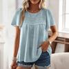 Women Casual Loose Fit Round Neck Short Sleeve Top Literary Style Solid Patchwork Pullover Blouse for Daily Wear Office School
