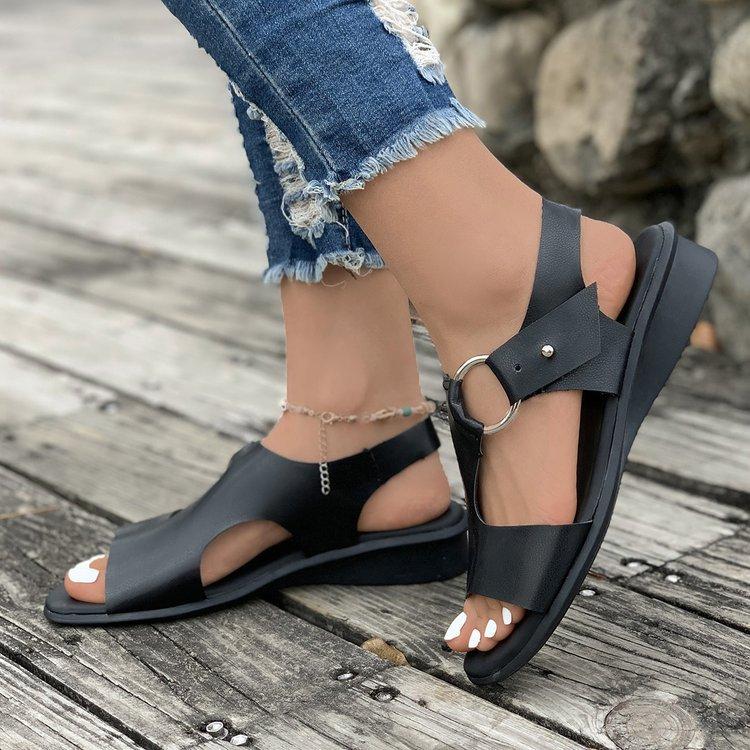 Large size simple ring flat-bottomed fish mouth sandals summer new open-toed beach women's shoes