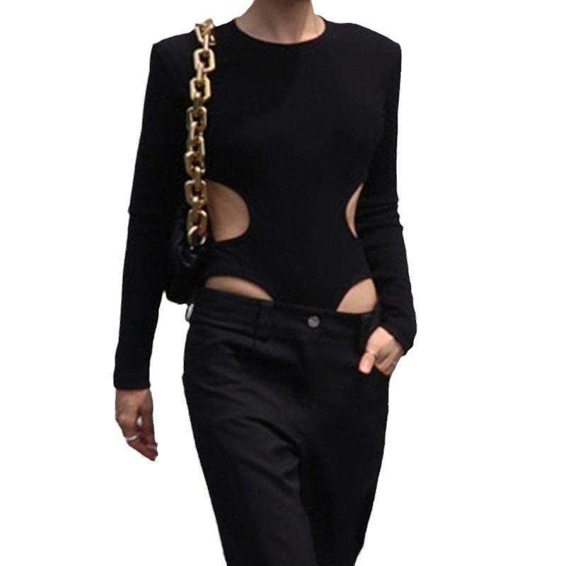 European and American Hollowed Out Spicy Girl Slim Fit Versatile Jumpsuit Sexy Street Trend Slimming Round Neck Long Sleeved Top for Women