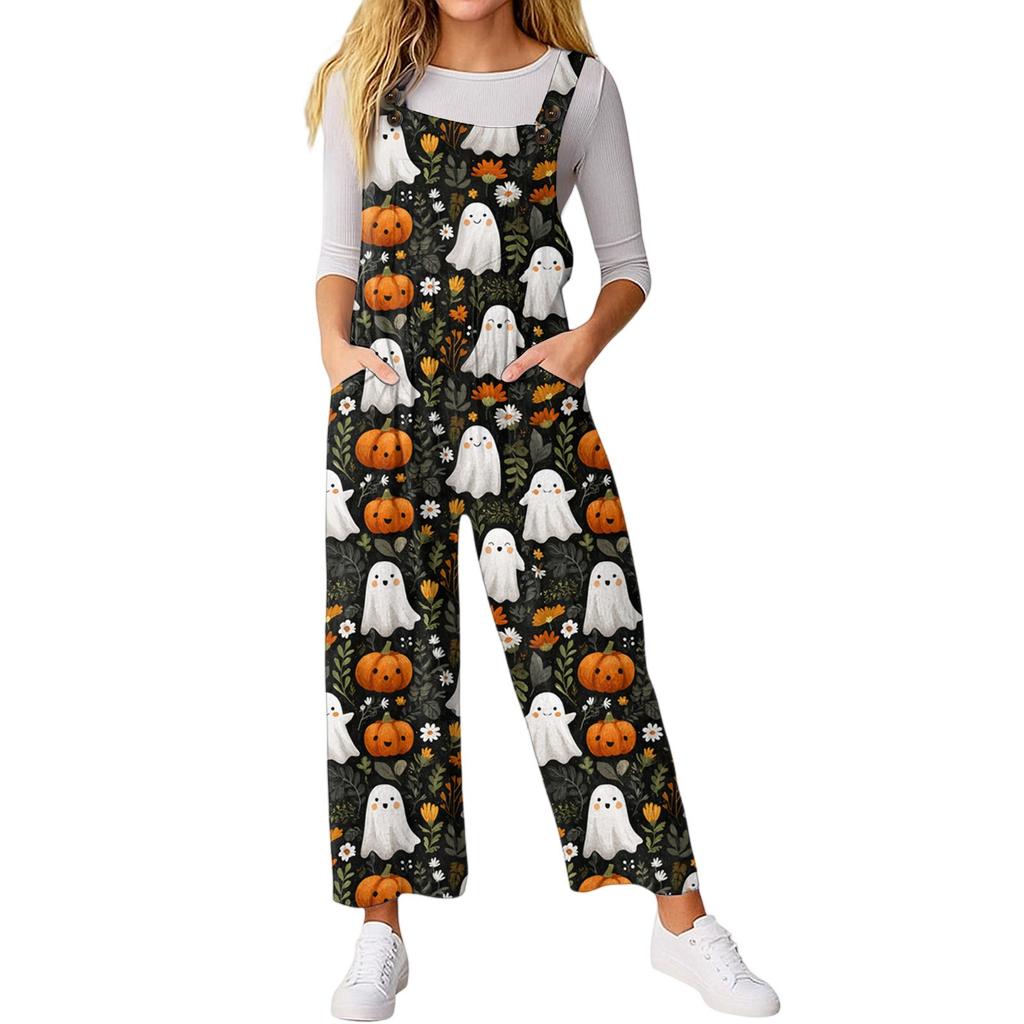 Women’s Loose Casual Sleeveless Jumpsuit Halloween Printed Jumpsuit Printed Jumpsuit