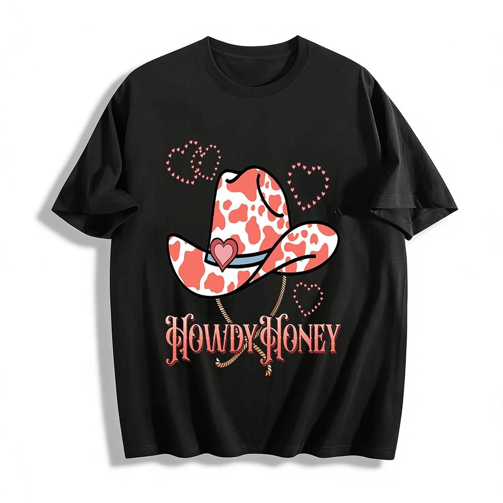 Howdy Honey Cow Print Cowboy Hat Graphic Casual Top Pure cotton T-shirt XXS