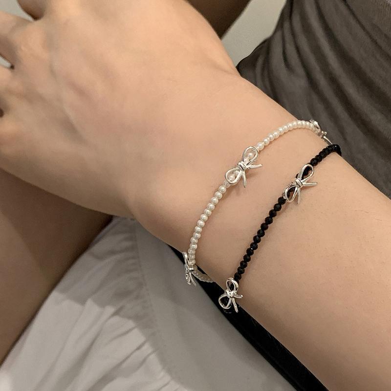 Schwarzes Kristallperlen-Schleifen-Perlenarmband für Damen Mädchen Koreanische Mode Perlenkette Vintage-Armband Ästhetischer Y2K Schmuck