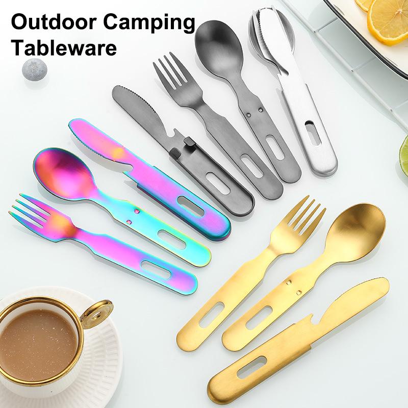 Cutlery Set 3 Pieces Eating Utensils Military Style Spoon Fork Knife Kit Flatware Multi-Tool