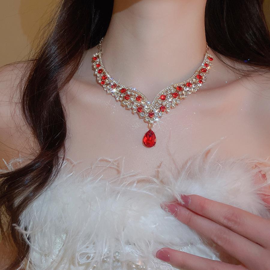Two-Piece Rhinestone Inlaid Water Drop Earrings & Necklace - European Retro Luxury Style for Women