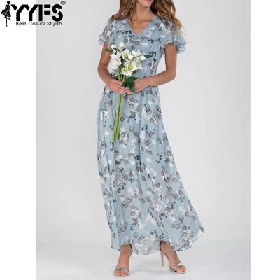 Damenmode Sommer Frühling Blumenmuster Druck Kurzarm V-Ausschnitt Hohe Taille Freizeitkleider