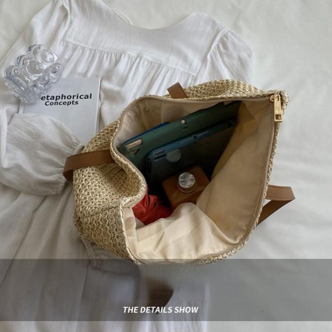 Women's Large-capacity Literary Striped Straw Bag Ethnic Style Shoulder Bag Tote Bag Handbag Vacation Beach Bag