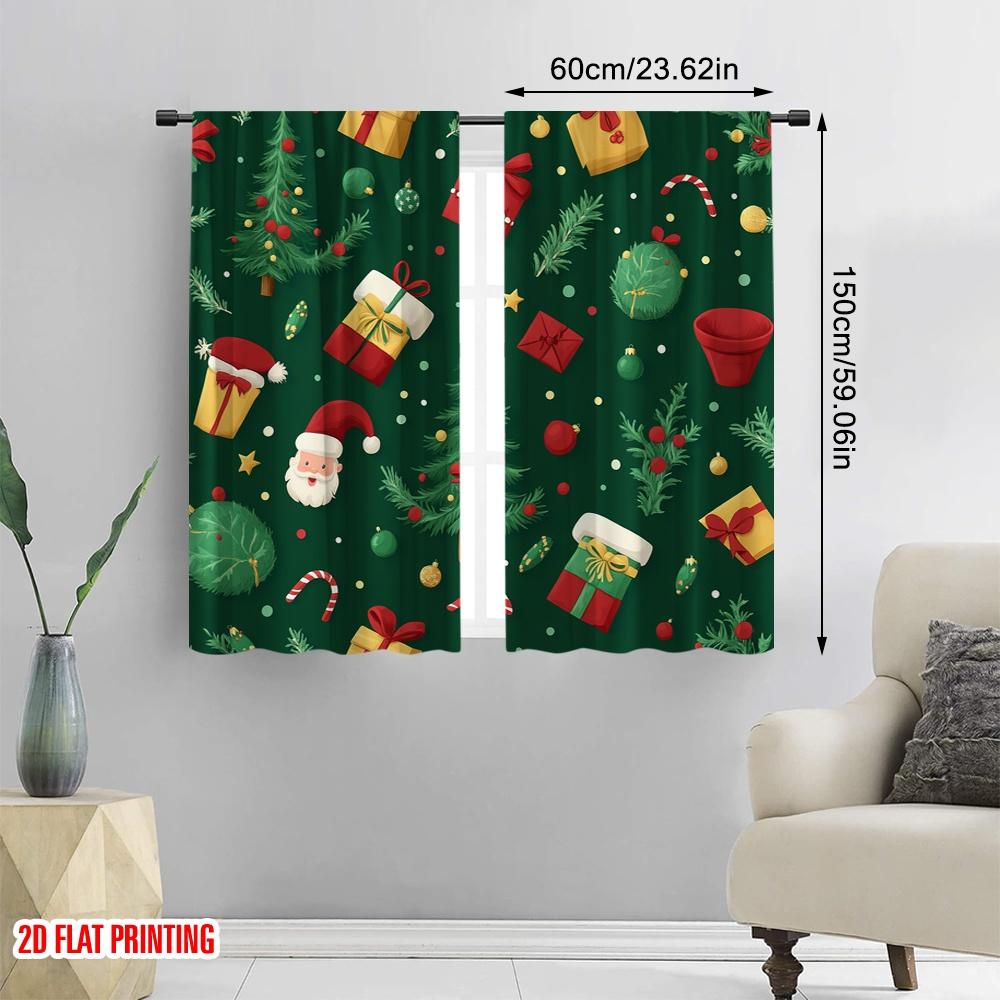 2pcs,2D Plane Printing Minimalist Curtains Christmas Tree Gift Present Holiday (3) Polyester Fabric (without Rod) Home Decor