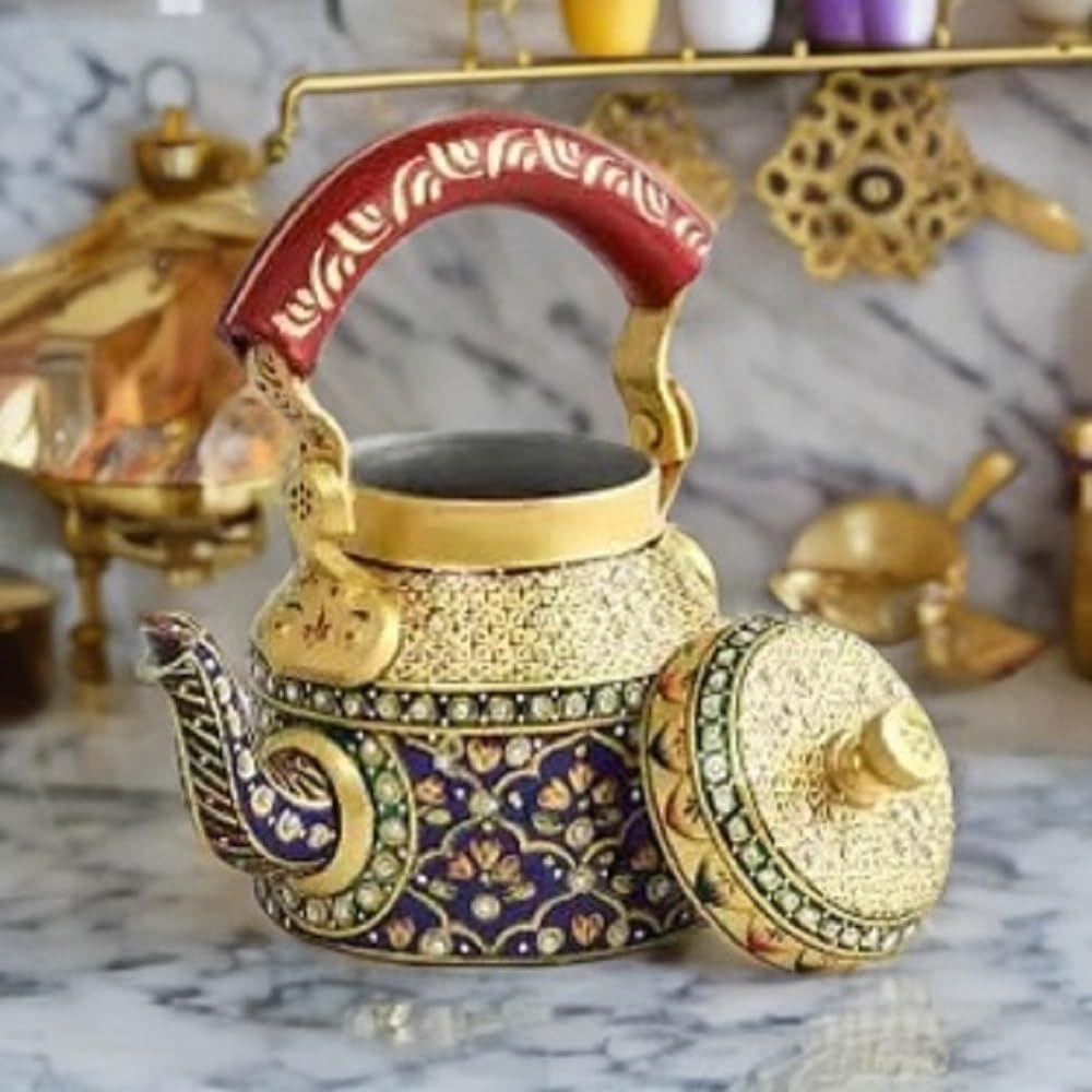 Traditional Handpainted Aluminum Kettle Tea Pot for Serving (Blue and White)