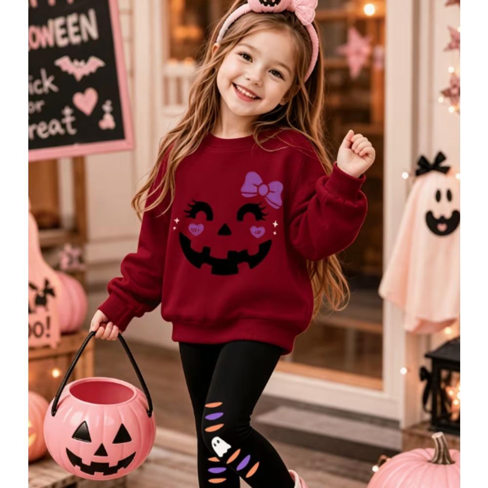 Girls' Halloween Pumpkin Casual Comfortable Soft Loose Pullover Sweatshirt and Leggings 2-Piece Set, New Autumn/Winter, Playful, Sweet and Cool Style