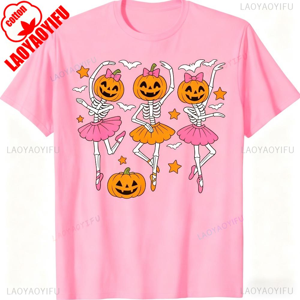Girls Halloween Ballet Skeleton Pumpkin Shirt Funny Dance Skeleton Women TShirt Ballerina Fashion Casual Tee Daily Life Tops