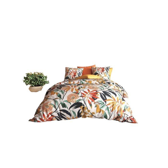 Parure de lit - Housse couette 260x240 cm - 2 taies - Motif tropical - 100% coton doux