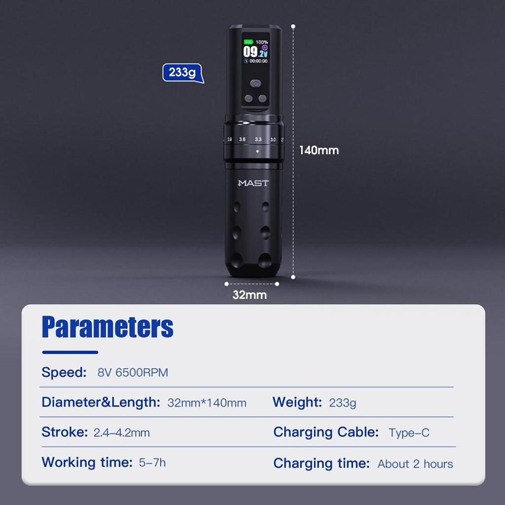 Mast Fold2 Pro Tattoo Machine Kit Wireless  Gun Pen 2 Batteries 2000mAh RCA Connect for Long Time, Tattoo  Cartridges Black Tattoo Ink Complete Kit