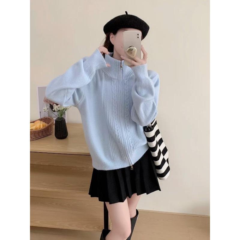 New twist woven stand-up collar double zipper design sense solid color versatile loose cardigan jacket women