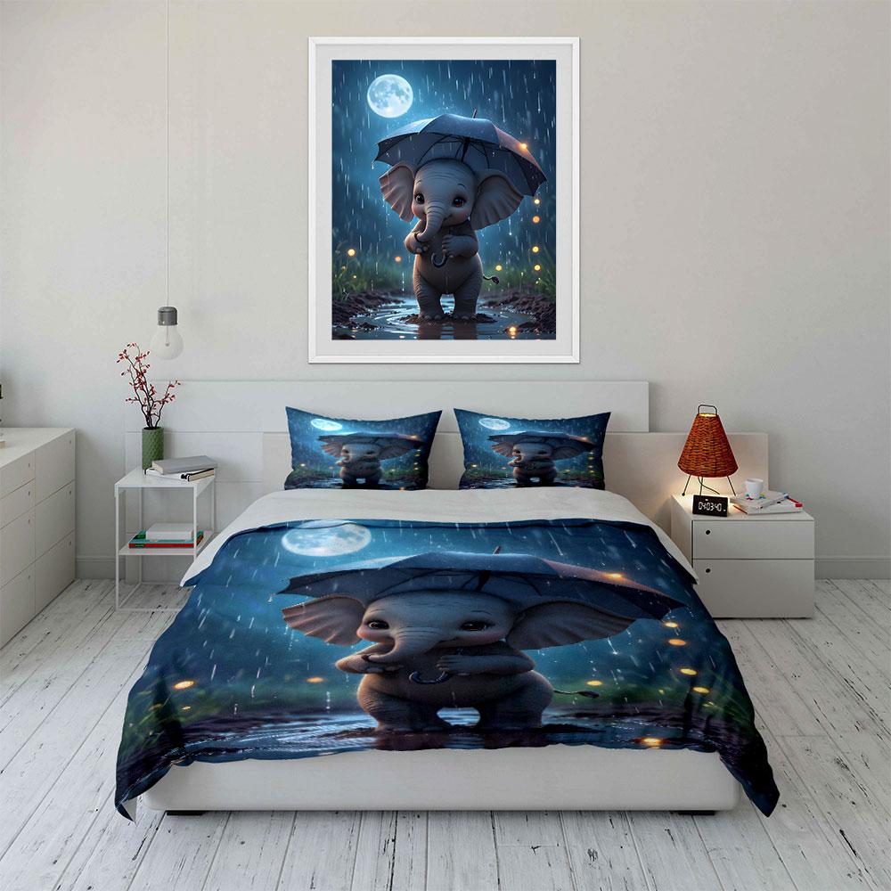 Baby Elephant Under Umbrella In Rain Print Bedding Set 1Duvet Cover 2 Pillowcases for Adult and Children Luxury Gift Full Size