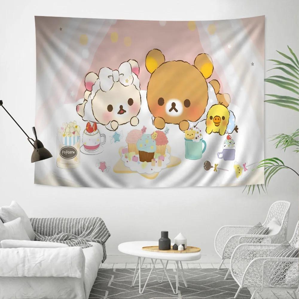 RRilak Bear Kuma Bear Anime Tapestry Hippie Flower Wall Carpet Dormitory Decoration Cheap Hippie Wall Hanging