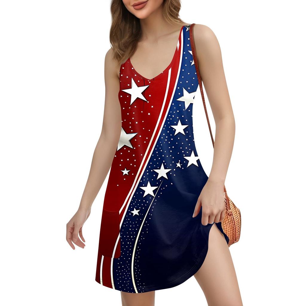 Damen Casual Print Bohemian Strandkleid mit Taschen V-Ausschnitt Tankkleid