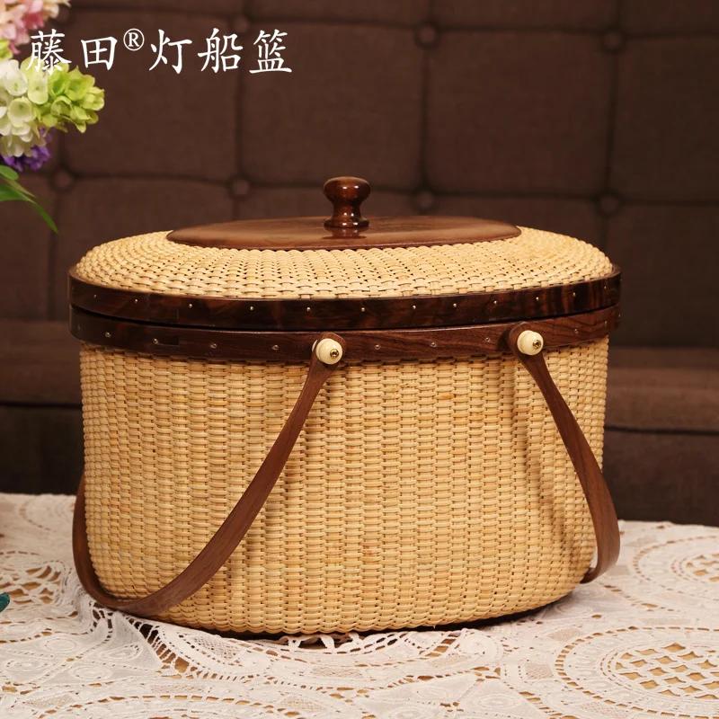 Natural Rattan Storage Box Double Open Lid Shopping Basket Multifunctional Vegetable Container Outdoor Convenience Picnic Basket