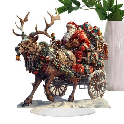 2D Christmas Reindeers Sled Santa Figurine Acrylic Ornament Christmas Santa Claus On Sleigh Decoration Holiday Party Supplies