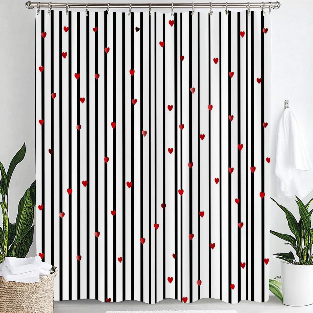 1Pc Romantic Pink Love Print Waterproof Shower Partition Privacy Hanging Curtain With 12 Hooks Multiple Size Machine Washable