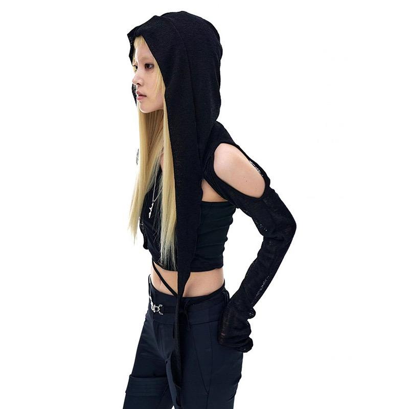 Trička s dlouhým rukávem a kapucí Sexy trička Harajuku Ženy Y2k Estetický Grunge Streetwear Crop Top Tenký Cardigan