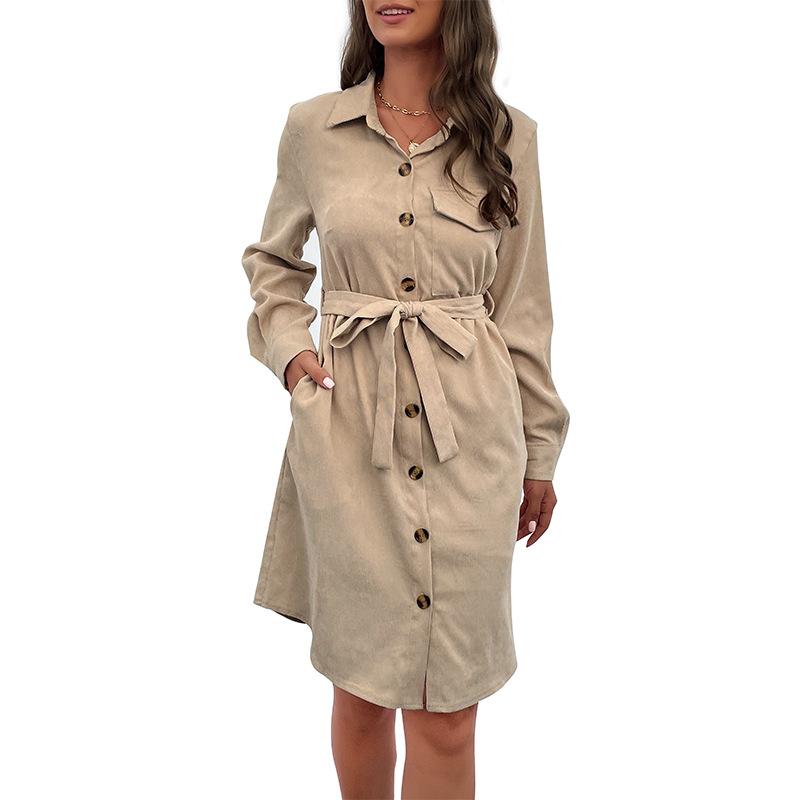 2025 New Autumn Dress Long Sleeve Solid Color Corduroy Shirt Skirt