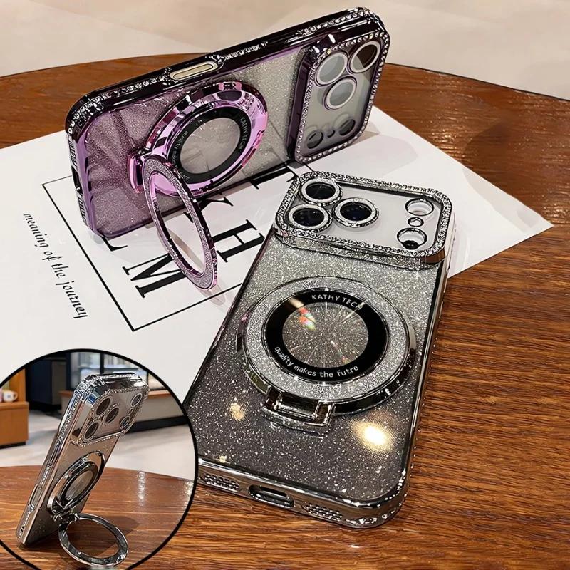 Plating For  Magnetic Stand Holder Rhinestones Case For For Iphone 17 Pro Max 16 11 12 13 14 1 Plus Diamond Bumper Cover
