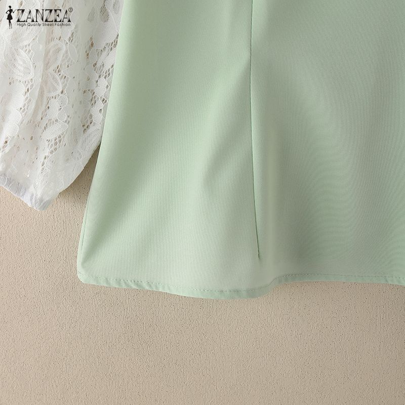 ZANZEA Damen Casual Stehkragen Spitze Patchwork 3/4 Ärmel Bluse