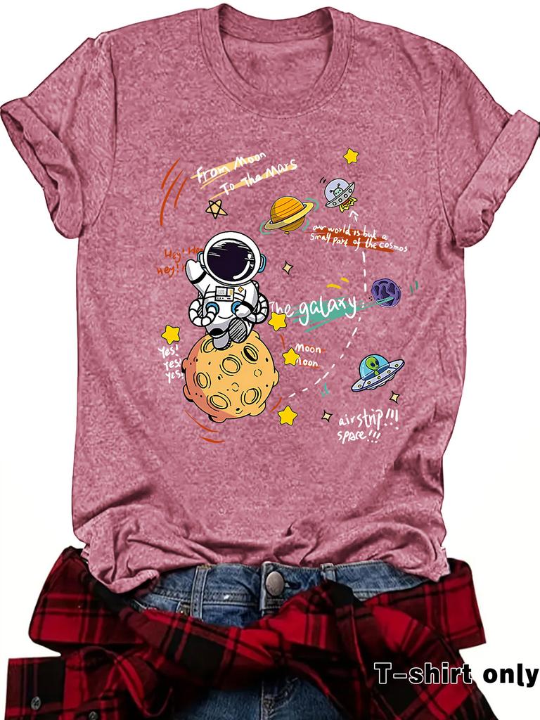 Damen T-Shirt mit Astronauten-Print Kurzarm Lockeres Mode-T-Shirt