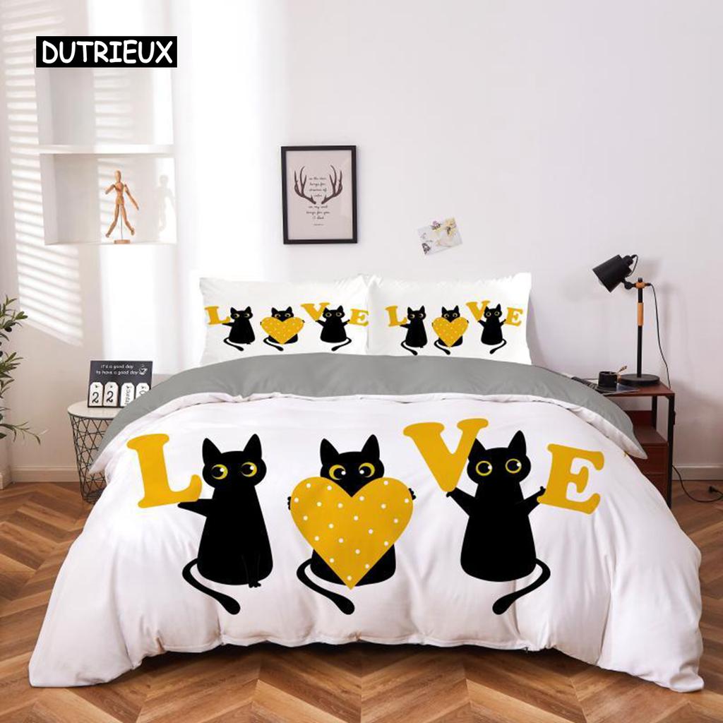 Cartoon Katze Bettbezug Set Mikrofaser Schwarzes Kätzchen Gelbes Liebesherz Muster Bettwäsche Set 2/3-teilig Queen King Size Bettdeckenbezug