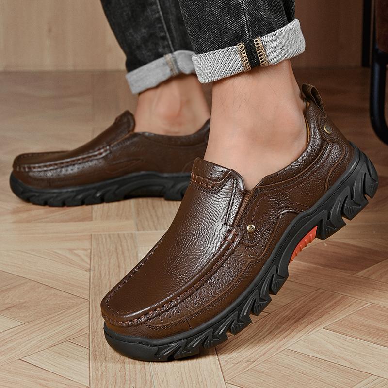 Handmade Men's Slip-On Loafers Hands-Free Casual Dress Shoes Durable Genuine Leather Walking Shoes Non-Slip Rubber Sole Footwear