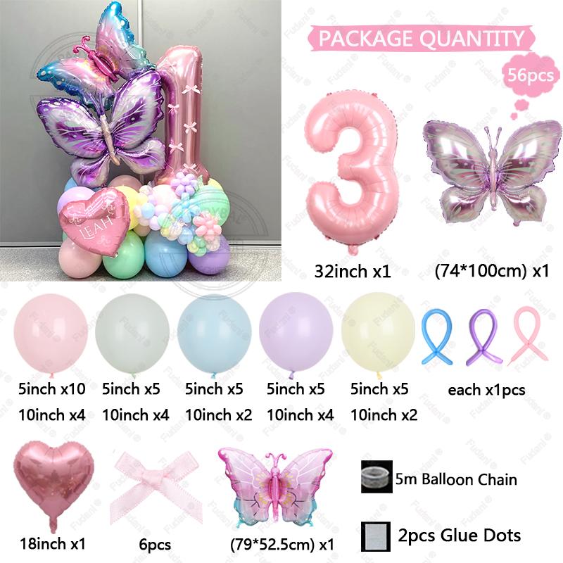 56pcs/set Butterfly Number Balloon Set Pink Numbers 1-9 Purple Butterflies for Valentine's Day Anniversary Birthday Party Decors