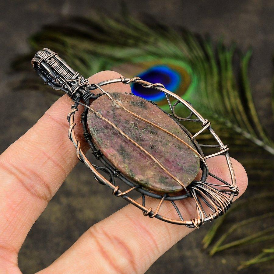 Rhodonite Gemstone Copper Wire Wrap Jewelry Pendant 3.23"