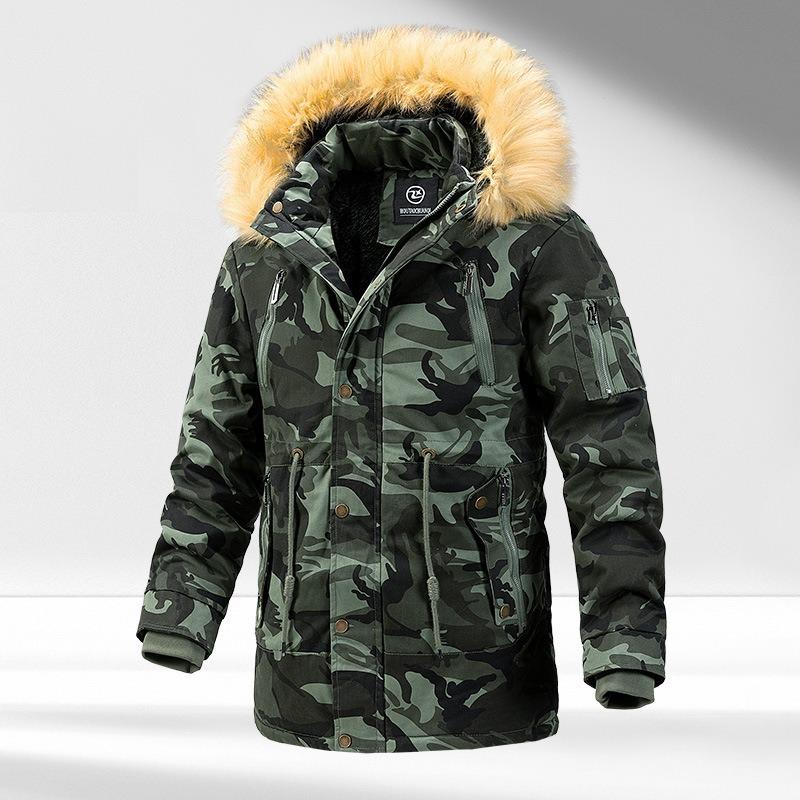 2025 Winter Hooded Men's Fleece Thickened Slim Mid-length Camouflage Cotton Jacket Men's Trendy Padded Clothing