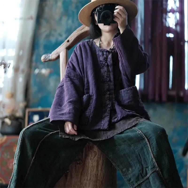 Johnature Vintage Women Purple O-Neck Long Sleeve Autumn Coats Button Patchwork Pockets Coats